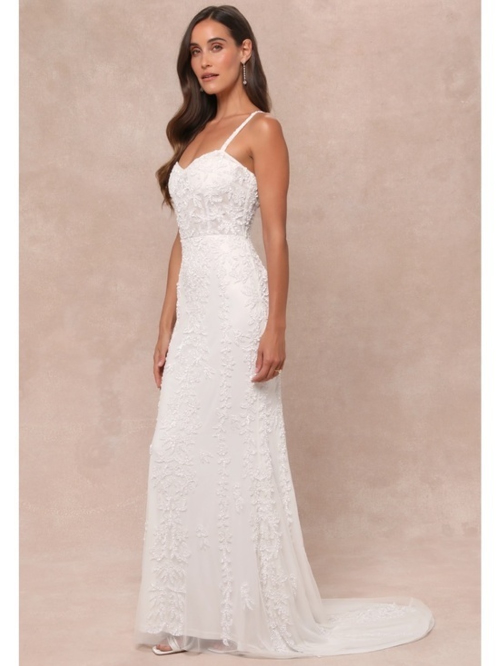 NWT Lulu’s Momentous Love Beaded Bustier Mesh Mermaid Maxi Wedding Dress Large